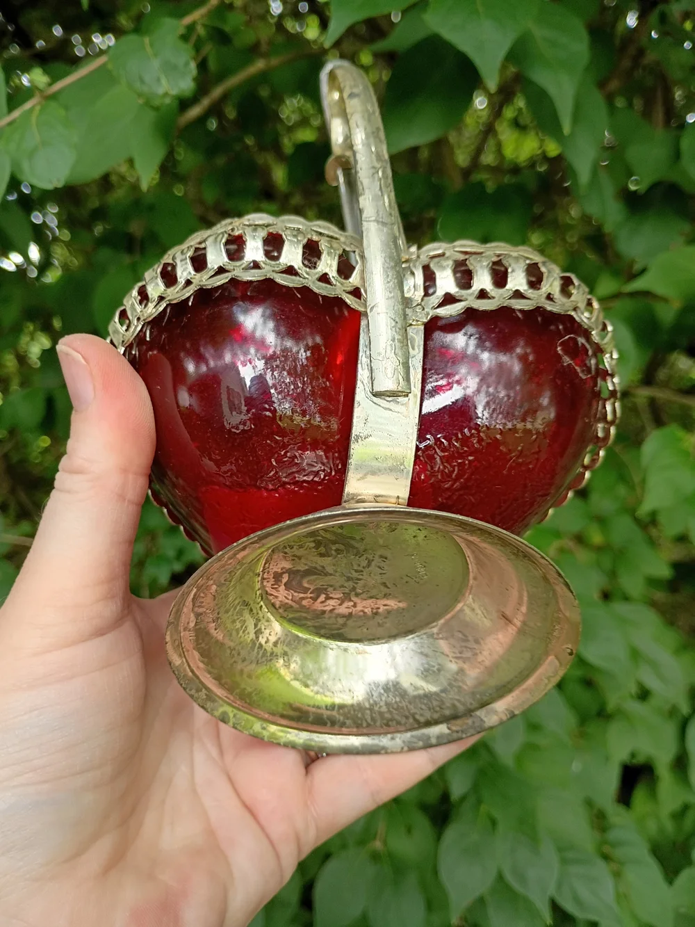 VTG Heart Shaped Silver Plate Jam/Sugar Dish Red Glass w Spoon Sheffield England